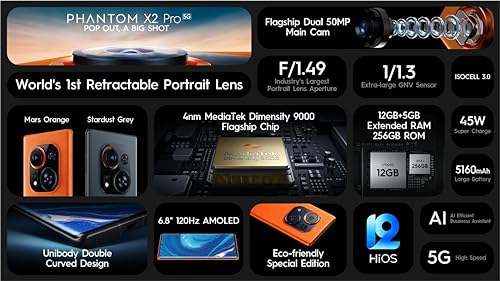 Image of Tecno Phantom X2 Pro 5G (Stardust Grey, 12GB RAM, 256GB Storage) | World's 1st Retractable 50MP Portrait Lens | World's 1st 4nm Dimensity 9000 5G Processor | 17GB (12GB+5GB) RAM | 45W in Box Charger