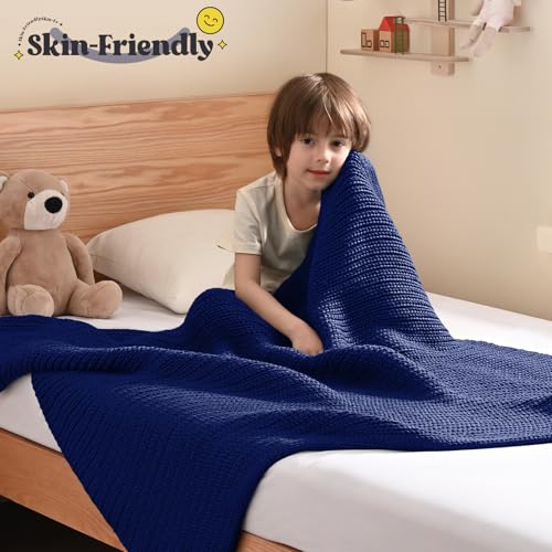 Guohaoi Knitted Weighted Blanket Kids (Blue 50"x60" 5lbs) No Beads Cooling Heavy Blanket, Home Decor Breathable Chunky Knit Throw Blanket for All-Season Use