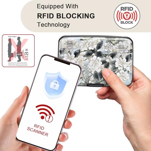 Image of ELFISH Mini RFID Aluminum Wallet Credit Cards Holder Business Card Case Metal ID Case for Men Women (White Lotus)