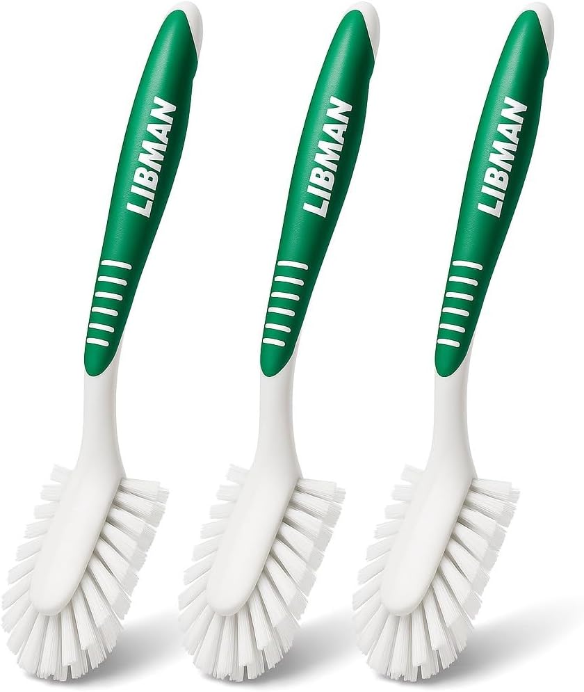 LIBMAN Kitchen Scrub Brush with Long Handle - 3 Pk Kitchen Brush for Dishes - Dish Scrubber Cleaning Brushes for Sinks, Bottles, Pots, Pans, Vegetables - All Purpose