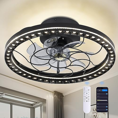 KINGTORO 19" LED Smart Ceiling Fans with Lights-Alexa/Google Assistant Control, 3 Colors Dimmable LED 6 Speeds Reversible Blades Timing Indoor Low Profile Ceiling Fan Semi Flush Mount with Remote