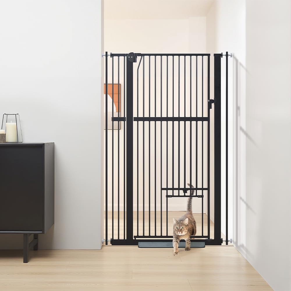 Unipaws - Barrera de seguridad extra alta (142 cm, para perros y gatos, ancho 79-95 cm, fijación por presión sin taladro, para escalera o puerta, cierre automático, color negro