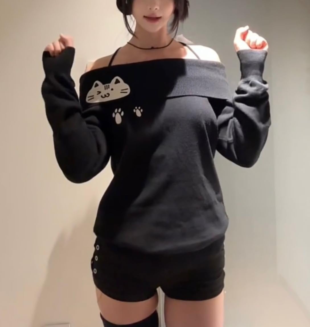 Women Y2K Off Shoulder Strap T-Shirts Cute Graphic Casual Long Sleeves Tops Kawaii Ribbing Trendy Outfits - Image 5