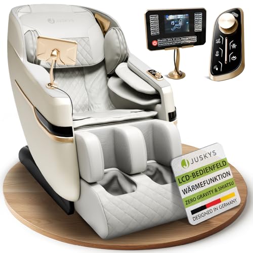 Juskys Massagesessel Naxos, elektronisch mit LCD-Bedienfeld, USB, Bluetooth, Airbags, Rollenmassage, Wärmefunktion, Fußverlängerung & Timer – Weiß/Hellgrau