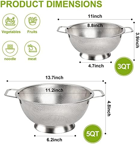Colander Stainless Steel 3-Quart, Strainer for Kitchen Food, Dishwasher Safe