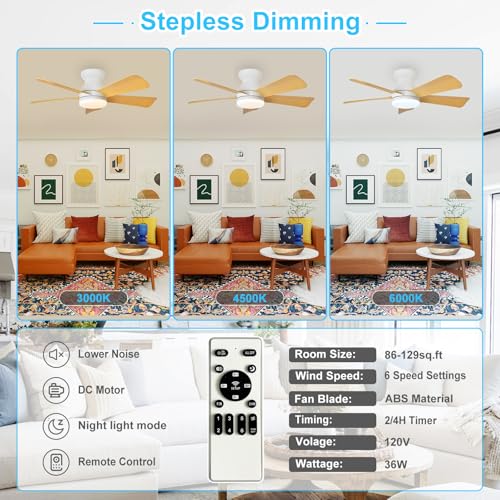 Image of Depuley Modern Ceiling Fan with Light: 35-Inch White Small Fans for Bedroom Indoor Outdoor - Dimmable Low Profile Ceiling Fans with Remote Control Flush Mount 5 Reversible Wood Blades 6 Speeds Timer