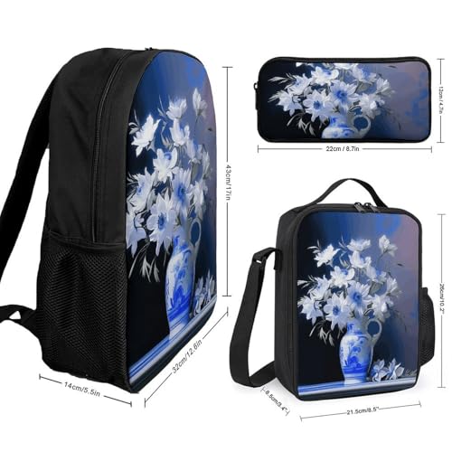 3 Piece Backpack for Women Men Lightweight Causal Daypack Shoulder Bag Set with Insulated Lunch Bag And Pencil Case Organizers A Vase2