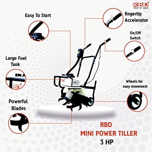 Image of RBD 3HP 2-Stroke AIR Cooled Petrol Mini Tiller Cultivator - Heavy Duty Power Weeder for Agriculture Farming, Soil for Plants Home Garden, Vegetable Garden & Crop with High Strength Steel Blades