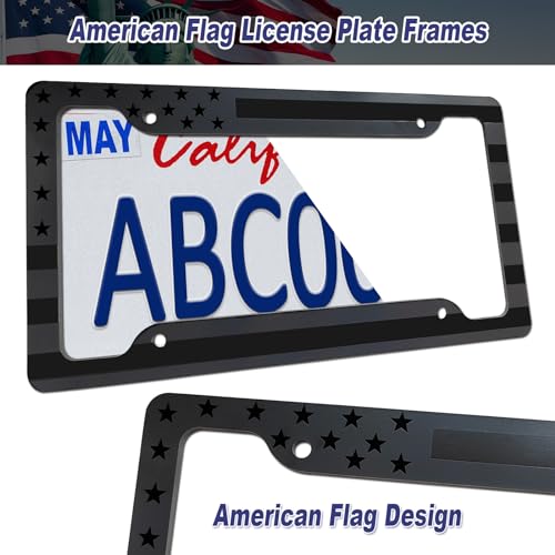 Image of BGGTMO American Flag License Plate Frames, 2 Pack Front Rear Aluminum | Black Gray Patriotic USA Stars and Stripes, Brushed Aluminum-Plastic Material, Car Tag Holder with Screws Caps