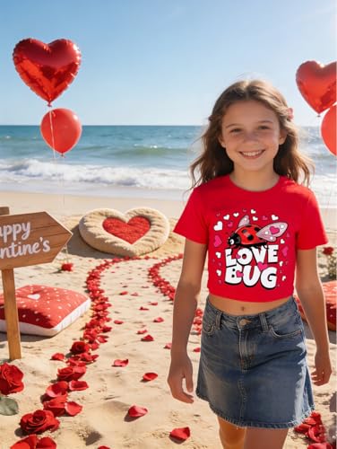 Image of Girls Valentine T-Shirts Crop Tops Short Sleeve Shirts Little Kids Love Heart Graphic Tees