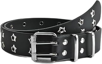 Women Punk Belt Black Double Grommet Stars Adjustable Waist Belt with Chain Hip-hop Style