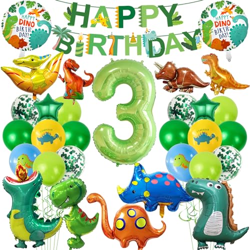 Decoración de cumpleaños de dinosaurio para 3 años, diseño de dinosaurios con globos XXL, guirnalda de pancartas de feliz cumpleaños, globos con números 3, decoración de cumpleaños para niños y niñas
