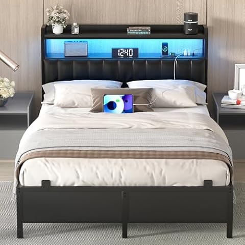 Homieasy Full Size Bed Frame with Charging Station, Adjustable Upholstered Faux Leather Headboard, Industrial Platform Bed with LED Lights, Steel Slat Support, No Box Spring Needed, Black Cover