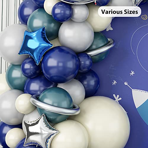 Gremag Outer Space Balloon Garland Kit, 124Pcs Space Birthday Decorations, Navy Blue Ivory White Sea Blue Grey Balloon, Moon Star Foil Balloon For Boy Kids Astronaut Ufo Themed Birthday Party Supplies #TOP3
