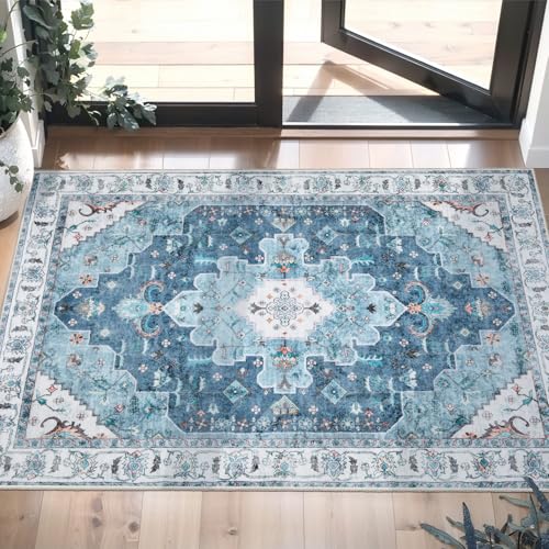 SERISSA Boho Rugs for Entryway, 2x3 Blue Entryway Rug Non-Slip Washable Small Area Rug, Ultra Soft Oriental Vintage Low-Pile Indoor Door Mat Floor Carpet for Entrance Bedroom Kitchen Bathroom