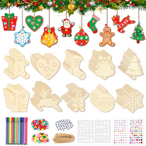 SRIZIAN - SRIZIAN 80Pcs Christmas Unfinished Wooden Ornaments, 10 Styles Wooden Christmas Ornaments to Paint DIY Blank Unfinished Christmas Ornaments Kits for Christmas Tree Hanging Decorations - -10%