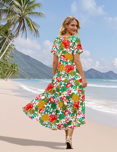 Image of YESNO Women's Summer Maxi Dresses Casual Floral Short Sleeve V Neck Boho Beach Vacation Swing Dress with Pockets EVF