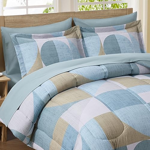 Geometric Comforter Set Full Size with Sheets Bed in a Bag โ Deep Pocket Fitted Sheet with Elastic Corners, Cozy Comforter, Pillowcases & Shams โ Soft Microfiber All Season Bedding โ Machine Washable
