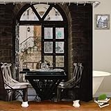 Tenda Doccia 120 x 200 cm Vista dalla Finestra, Tenda da Doccia Antimuffa Architettura Europea, Tenda per Doccia Polyester Lavabile Anti-Muffa Impermeabile Tenda Vasca da Bagno con 8 Ganci BB542