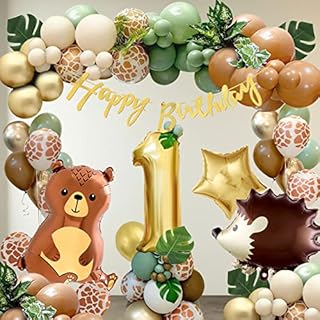 Safari 1st Birthday Decorations for Boys, Thinbal Bear Jungle Theme Party Decorations with Saga Green Brown Latex Balloons, 40'' 1st Foil Balloon for Baby Wild One Birthday Decorations Baby Shower