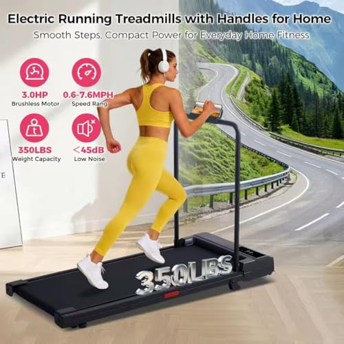 Image of Portable Walking Pad Treadmill for Home, Treadmills with Handles, 3.0HP Compact Walking Pad Treadmill with Handle Bar, 0.6-7.6MPH Mini Walking Treadmill for Home Small, 350LB Capacity