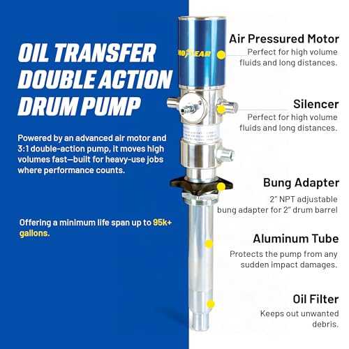 Image of Goodyear Oil Transfer Pump Air Operated Pneumatic 3.1GPM / 12LPM PRO Heavy Duty Double Action 3:1 Fast High Flow Rate for SAE130 Oils /Fluids (NOT for Gasoline or Diesel)