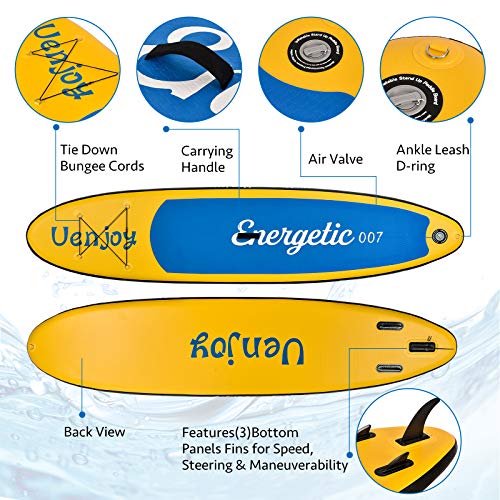 Uenjoy 11\' Inflatable Stand Up Paddle Board (6 Inches Thick) Non-Slip Deck Adjustable Paddle Backpack,Pump, Repairing kit, Yellow