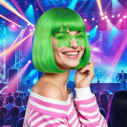 Image of ANOGOL Green Bob Wig with Bangs Green Wigs for Women Colored Wigs Party | Hair Cap+ Sunglasses Short Neon Wig for Bachelorette Party Funny Outfit for Women Halloween Christmas Costume St Patrick Day
