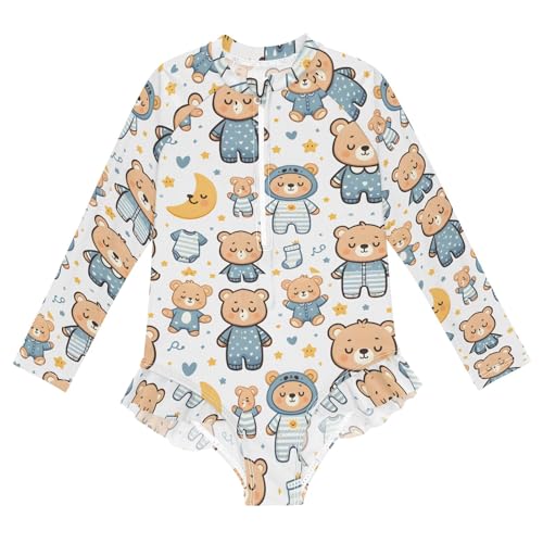 Sleeping Teddy Bear Girls Long Sleeve Swimsuit Rash Guard One Piece Bathing Suits Zipper 3-12T
