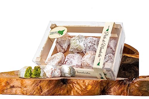 Paste di Mandorla Siciliane Artigianali, cassetta regalo in legno, confezionate in monoporzione gusti assortiti, dolci Siciliani alle mandorle, senza glutine, 140g