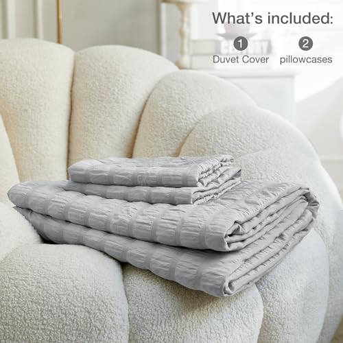 Image of JELLYMONI Light Grey Duvet Cover King Size, 3pcs Washed Microfiber Bedding Set, Soft Breathable Seersucker Duvet Cover Set with Zipper Closure and Corner Ties for All Seasons