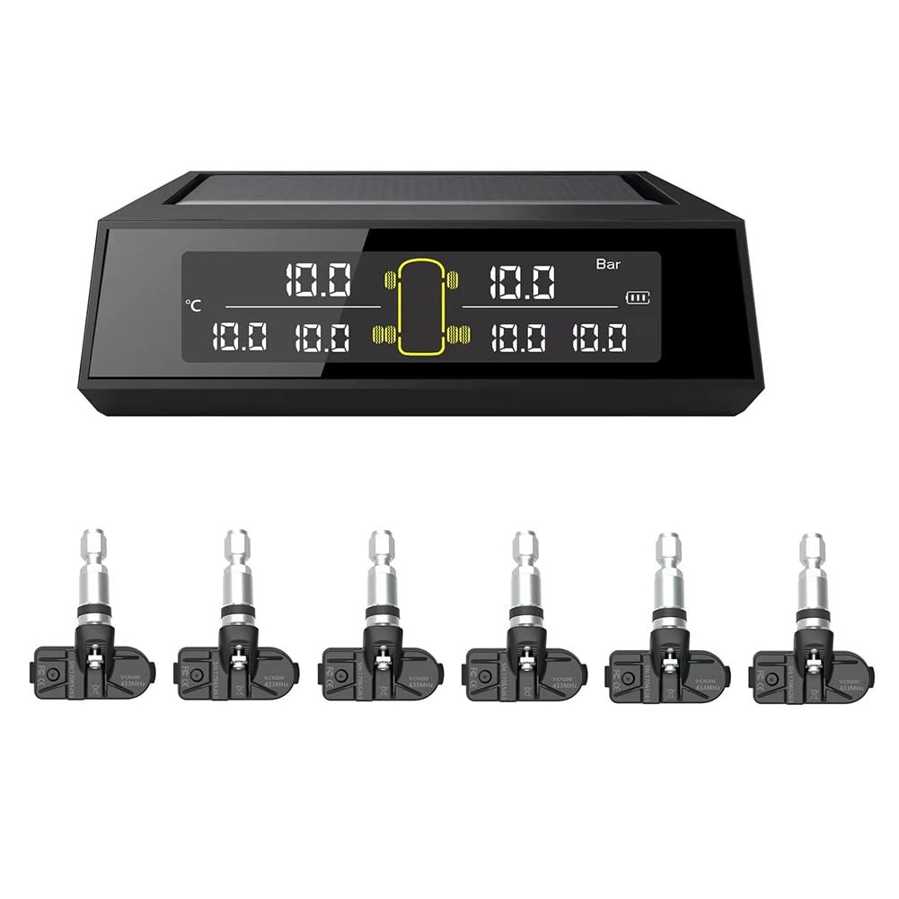 FUBESK Sistema di pressione per pneumatici auto TPMS LCD solare wireless con 6 sensori, ricarica USB, display in tempo reale per 4-6 pneumatici, PSI/BAR, allarme temperatura, nero