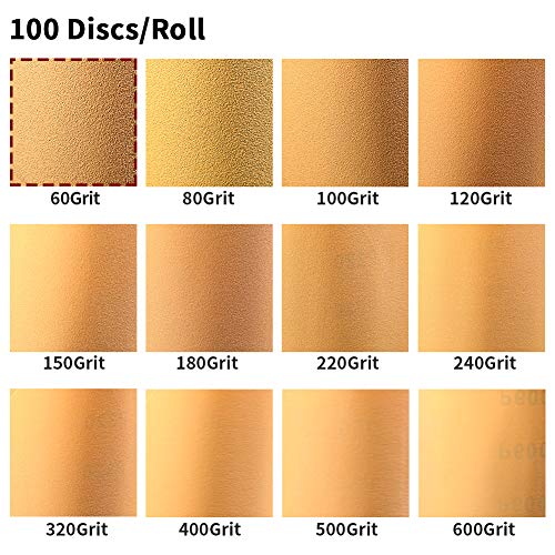 Image of SPEEDWOX 100 Pcs 60 Grit 5 inch Round Sanding Discs Sandpaper Roll | Adhesive Back PSA Sticky Back, No Hole, Stick and Sand Sandpaper for Wood, Auto Body Repair Marine Paint Metal and Plastics