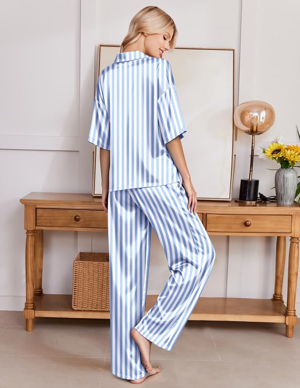 Image of Ekouaer Silk Satin Pajamas Set Women Short Sleeve Pj Sets Button Down Sleepwear 2 Piece Soft Loungewear S-XXL
