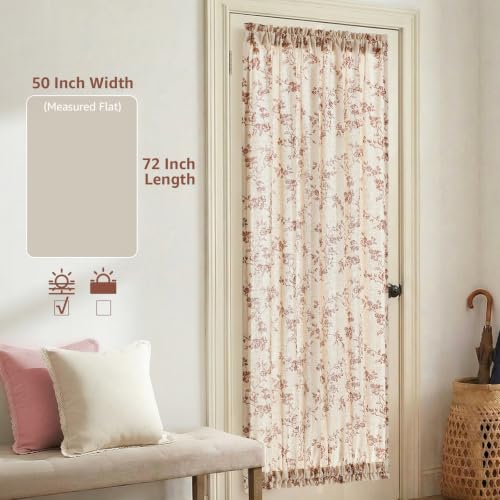 Image of jinchan Terracotta Linen French Door Curtain 72 Inch Rod Pocket 1 Panel | Light filtering, farmhouse fresh floral print, a tieback included, full length door panels for patio door, sliding glass door