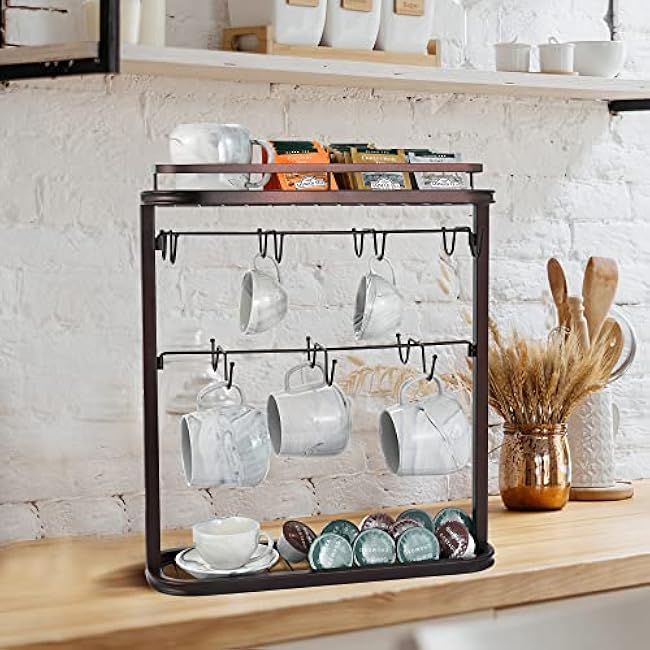 Double-Side Metal Mug Holder - 2 Tier, Holds 14 Mugs, Counter Coffee Cup Organizer with Storage Shelves, Dark Brown