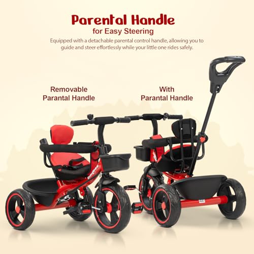 Image of Baybee 2 in 1 Baby Tricycle for Kids | Smart Balance Baby Trikes with Parental Handle, Cushion Seat, Safety Guardrail & Dual Storage | Kids Cycle for 2-5 Years Boy Girl (Tovino Red)