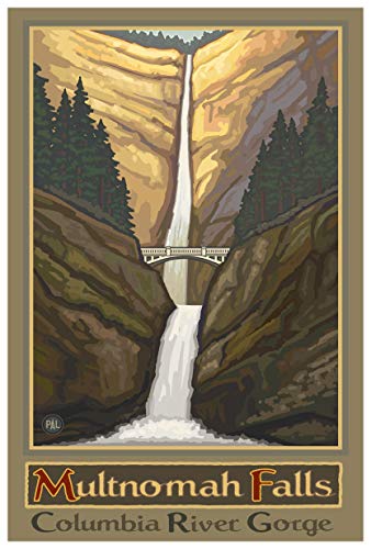 Multnomah Falls Oregon Columbia River Gorge No Car Giclee Art Print Poster from Travel Artwork by Artist Paul A. Lanquist 12" x 18"