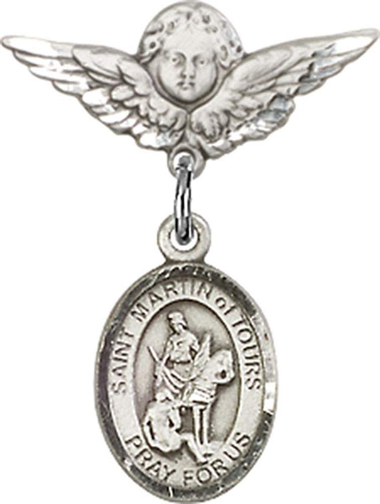 Jewels Obsession Baby Badge with St. Martin of Tours Charm and Angel with Wings Badge Pin | Sterling Silver Baby Badge with St. Martin of Tours Charm and Angel with Wings Badge Pin - Made In USA