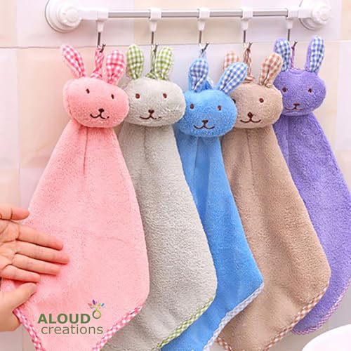 Image of ALOUD CREATIONS Microfiber 4Pc Cute Plush Animal Hand Towels with Hanging Loop |Rabbit Theme |Wash Basin|Sink |Soft Hand Towel for Bathroom & Kitchen |400 GSM |Assorted Colours