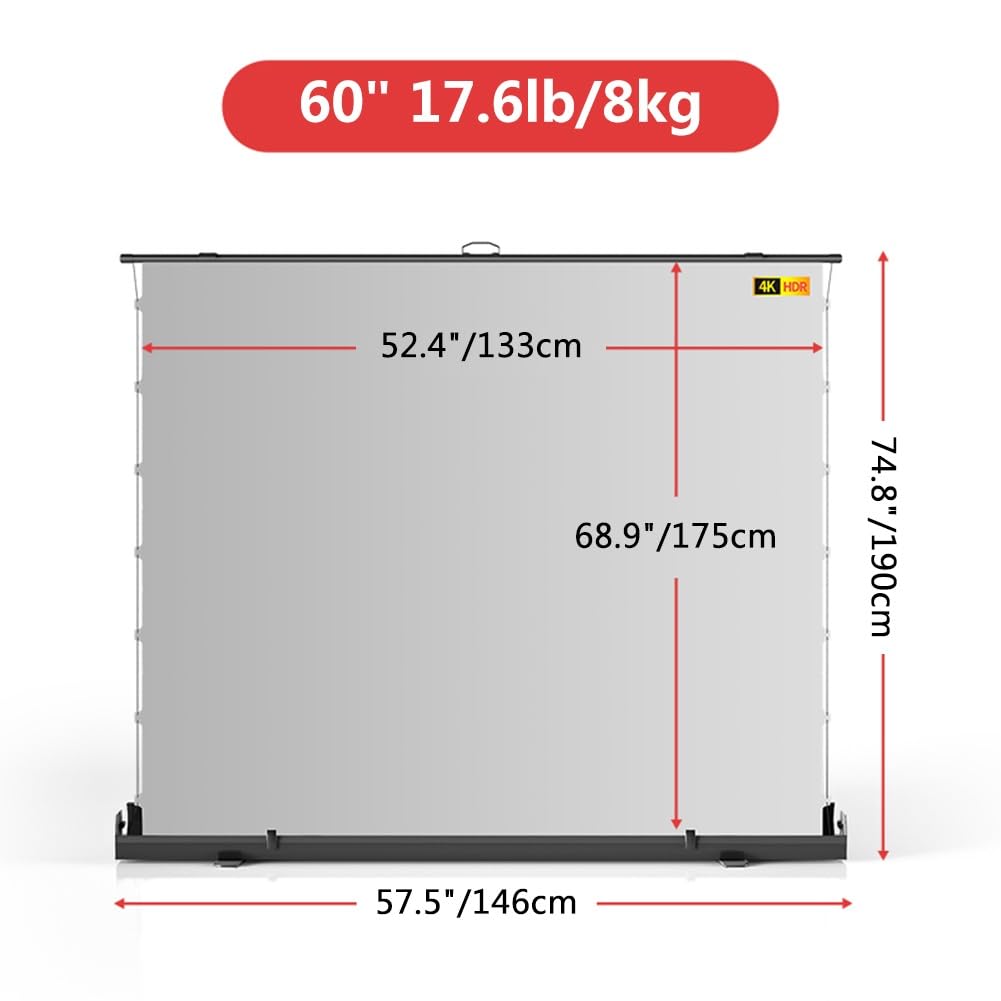 Telo Proiettore 4K HD da Pavimento, Schermo Cinematografico Portatile da 60 72 80 92 pollici con Supporto a Forbice per Esterni e Interni(60 Inch)