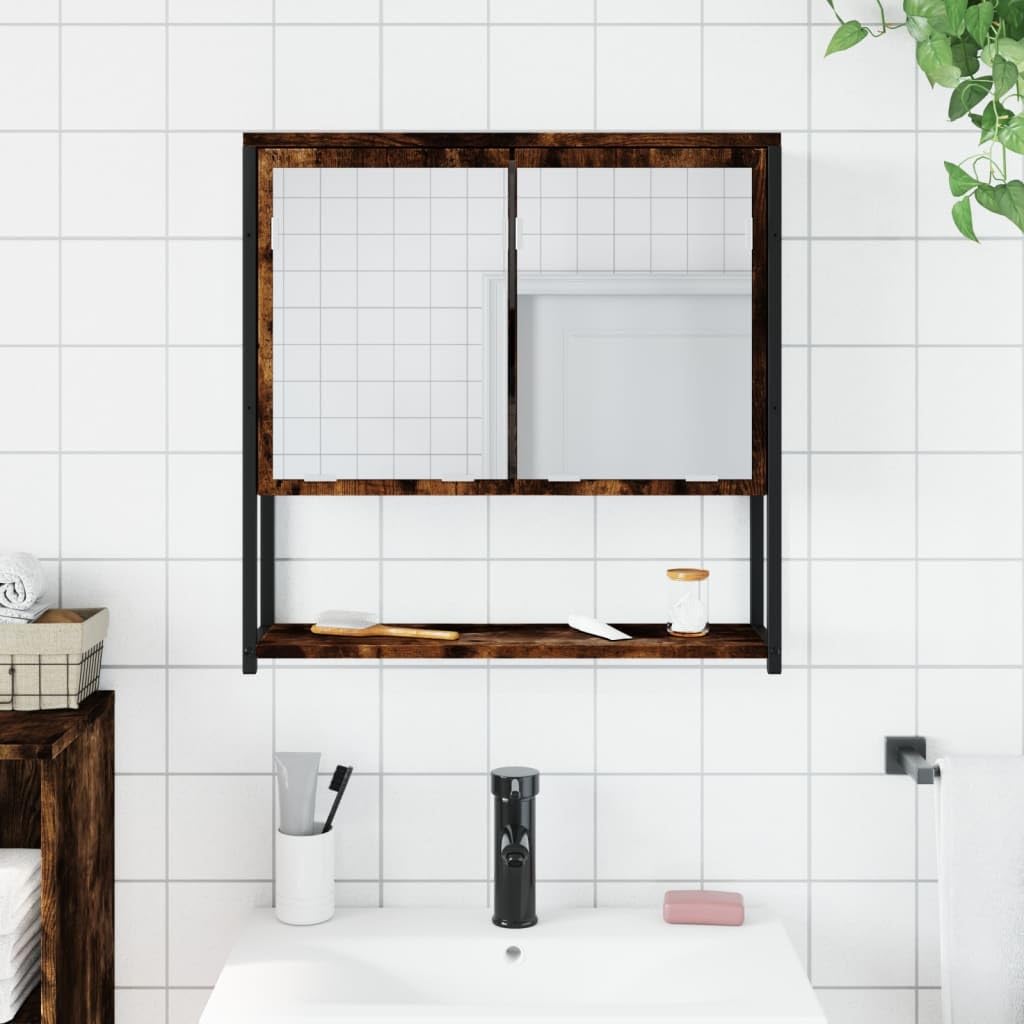 Armadietto da bagno con specchio in legno di rovere affumicato