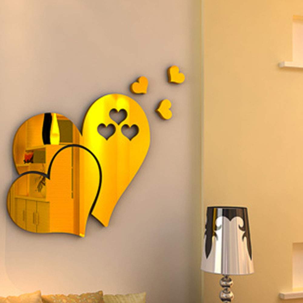 3D Removable Love Heart Mirror Wall Sticker Decal, Art Design DIY Wall Decals for Home (Gold)