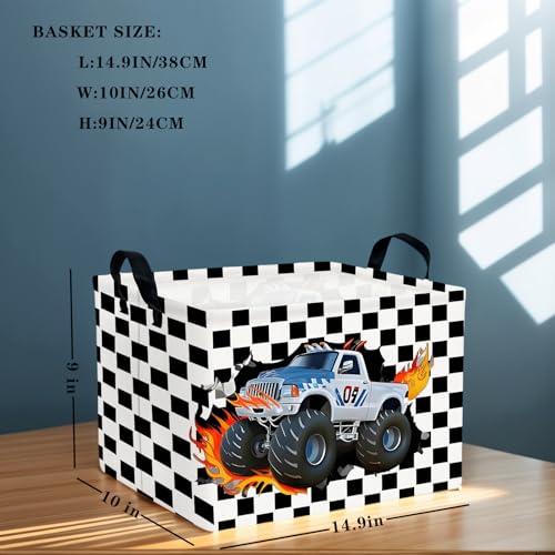 Image of Racing Car Storage Basket Monster Truck Toy Book Shelf Basket Kid Room Decor Gift (Black and White Checkered)