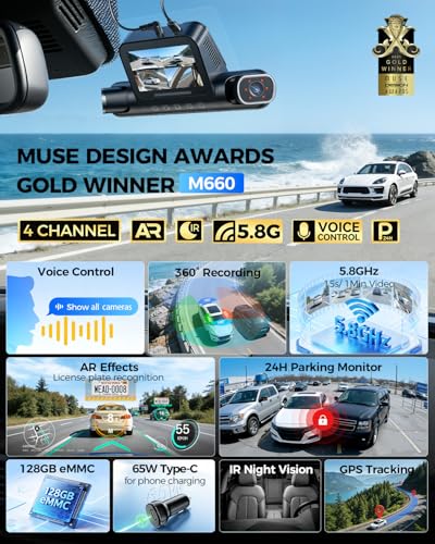 AZDOME 360 4 Channel Dash Cam Front and Rear Inside, Built-in 128GB eMMC, 2K+1080P*3 Dashcam, Left Right, Voice Control, 5G WiFi Dash Camera for Cars with 4 Adjustable Lenses, IR Night Vision, M660 - image 3