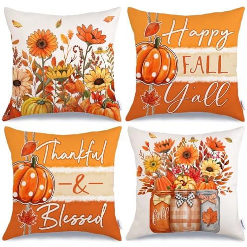 GEEORY Fall Throw Pillow Covers 18x18 Inch Set of 4, Pumpkins Floral Mason Jars Happy Fall Y'all Thankful & Blessed Orange Autumn Seasonal Decorative Farmhouse Decoration for Home G552-18
