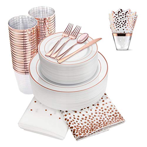 350 Piece Rose Gold Dinnerware Set, 100 Rose Gold Plastic Plates -50 Plastic