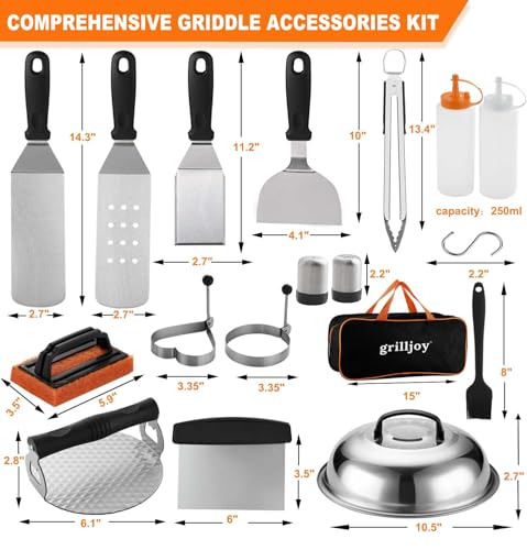 Grilljoy Plancha Zubehör Set Edelstahl, Grill Zubehör für Männer, Smash Burger Set mit Grillspachtel, Burgerpresse, 28TLG Grill Besteck für Plancha Grill, Grill Set für Indoor und Outdoor Küche