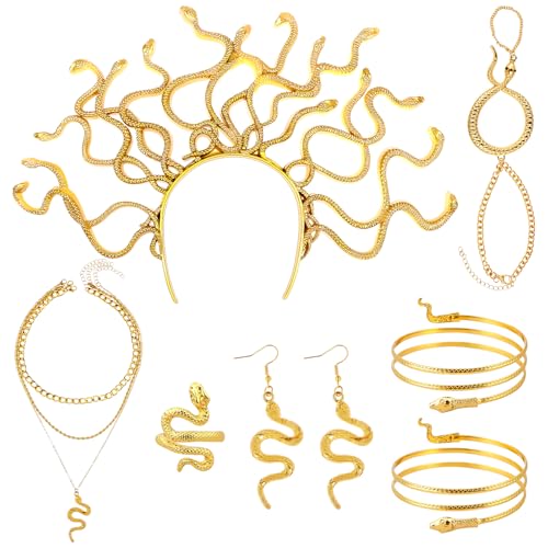 AIGOHOM 8-teilig Medusa Kostüm Schmuck-Set Goldene Schlangen-Haarreif mit Armband, Halskette und Ohrringe, Griechische Göttin Accessoires Halloween, Karneval & Cosplay Accessoires für Damen