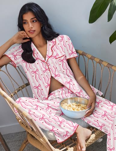 Image of Ekouaer Pajamas for Women Set Button Up Soft Pjs Short Sleeve 2 Piece Lounge Sets Comfy Sleepwear
